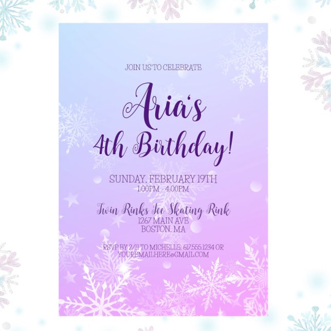 Winter Wonderland Snowflake Birthday Invitation (Blue & Purple Winter Wonderland Birthday Party Invitation )