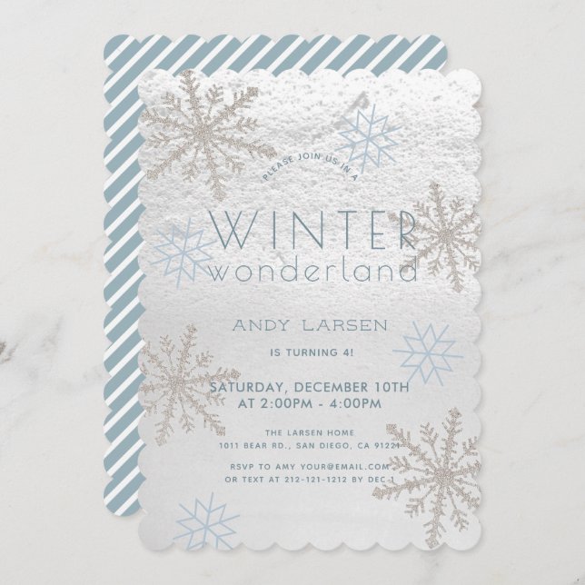 Winter Wonderland Snowflake Blue Birthday Invitation (Front/Back)