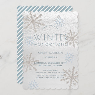 Winter Wonderland Snowflake Blue Birthday Invitation
