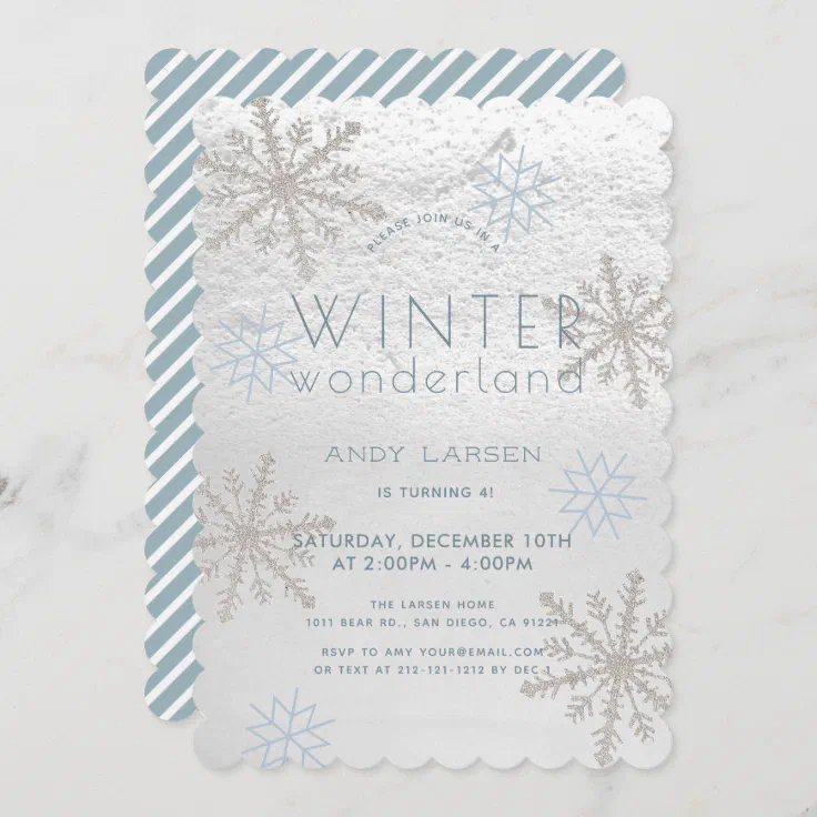 Winter Wonderland Snowflake Blue Birthday Invitation | Zazzle