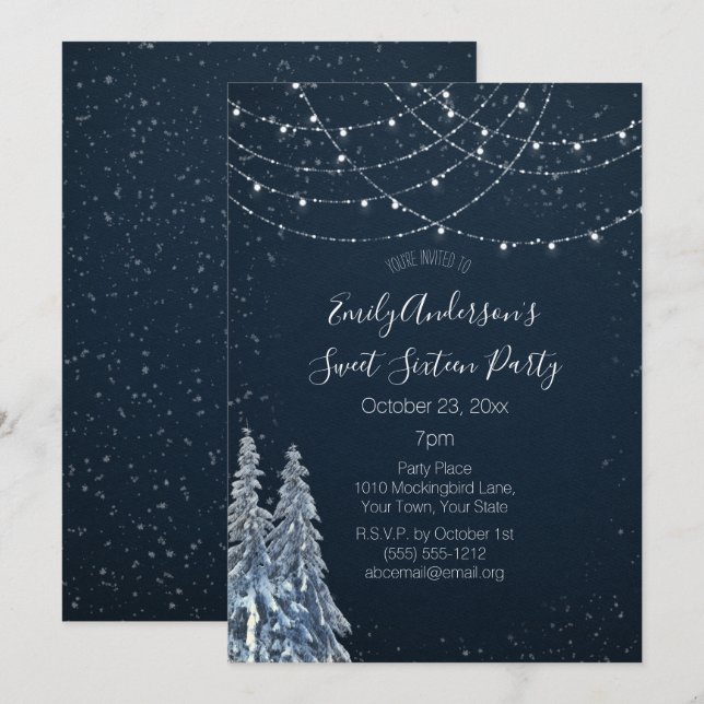 Winter Wonderland Snowflake Blue Sweet 16 Invitation (Front/Back)