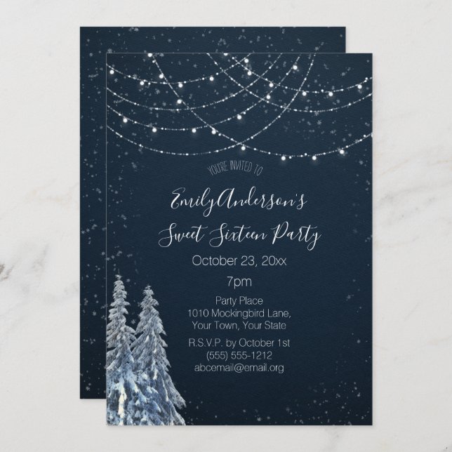 Winter Wonderland Snowflake Blue Sweet 16 Invitation (Front/Back)