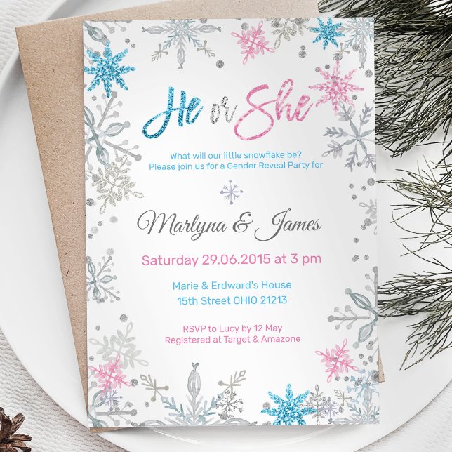 Winter Wonderland Snowflake Gender Reveal Invite (Creator Uploaded)