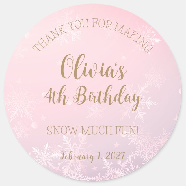 Winter Wonderland Snowflake Thank You Birthday Classic Round Sticker (Winter Wonderland 1st Birthday Party Invitation, Winter Onederland, Snowflake Invite, Girl Birthday)