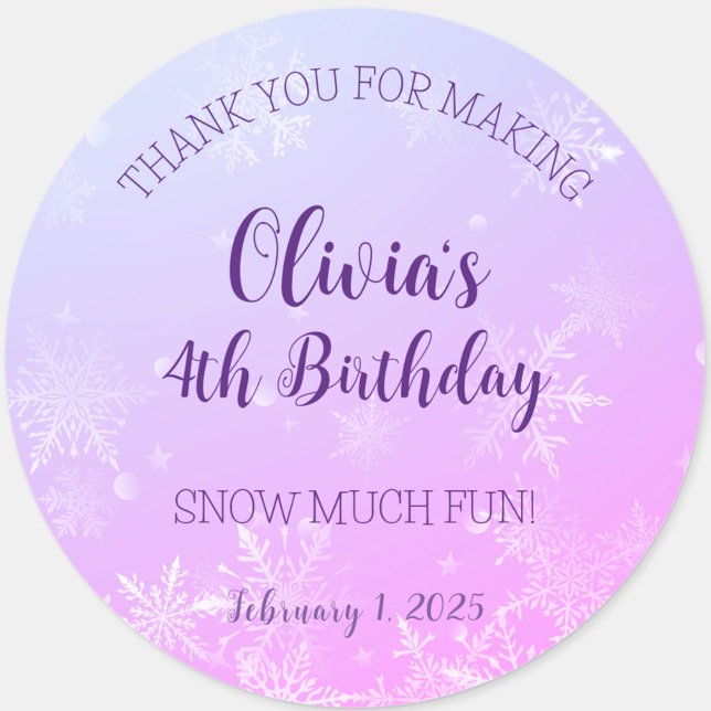 Winter Wonderland Snowflake Thank You Birthday Classic Round Sticker (Winter Wonderland Snowflake Birthday Thank You Sticker Labels)
