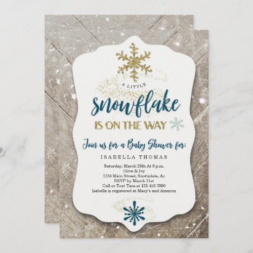 Winter Wonderland Snowflake Theme Boy Baby Shower Invitation - A wonderfully navy and gold glittery rustic invitation for a Winter Wonderland Baby Shower!  Matching registry insert, envelopes, and other items are available in my Winter Wonderland collection.