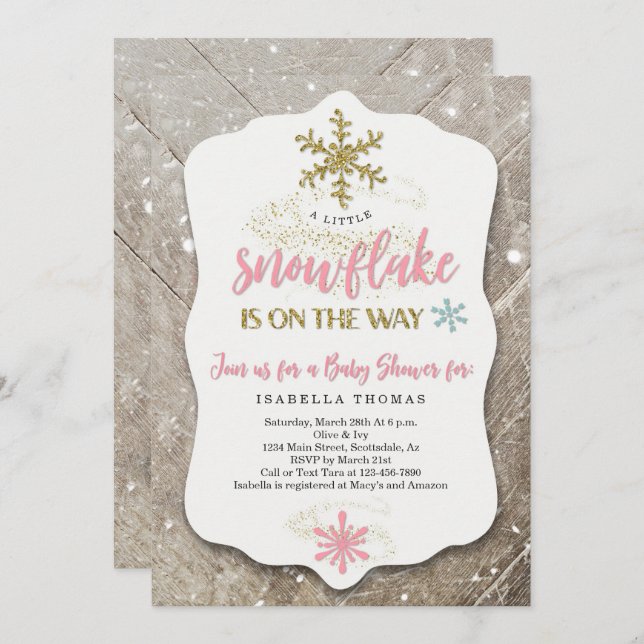 Winter Wonderland Snowflake Theme Girl Baby Shower Invitation (Front/Back)