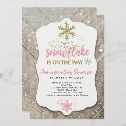 Winter Wonderland Snowflake Theme Girl Baby Shower Invitation - A wonderfully pink and gold glittery rustic invitation for a Winter Wonderland Baby Shower!  Matching registry insert, envelopes, and other items are available in my Winter Wonderland collection.