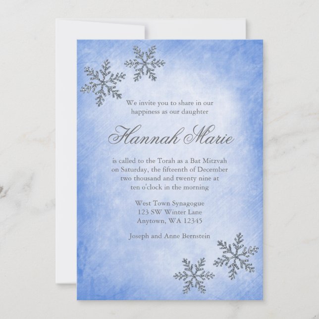 Winter Wonderland Snowflakes Blue Bat Mitzvah Invitation (Front)