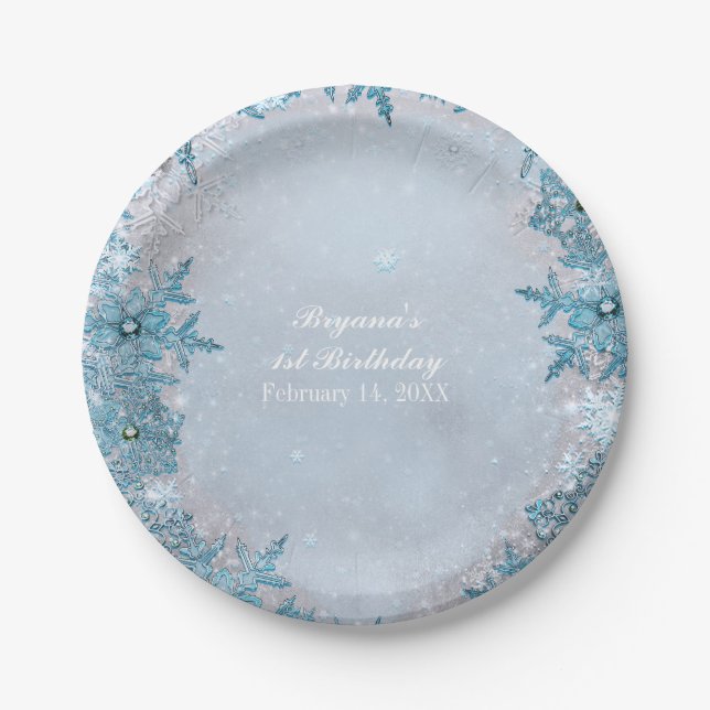 Winter Wonderland Snowflakes Blue Elegant Party Paper Plates (Front)