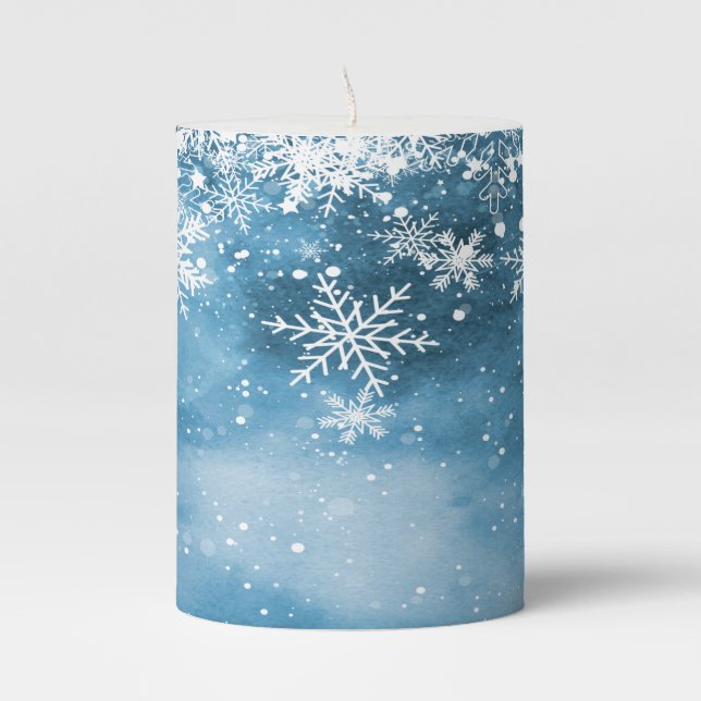 Winter Wonderland,Snowflakes Blue Holiday Pillar Candle (Front)