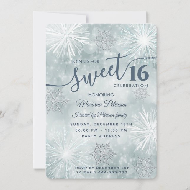 Winter wonderland snowflakes bokeh sweet 16 invitation (Front)