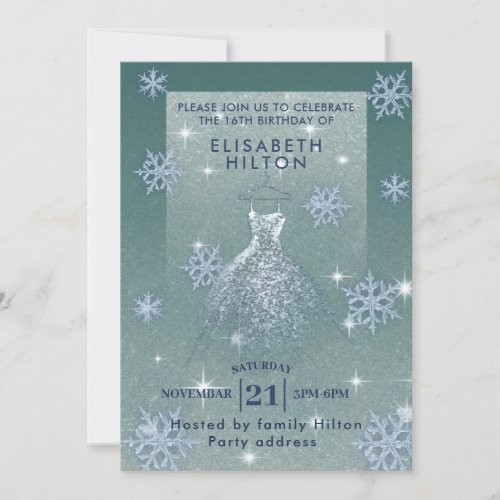 Winter wonderland snowflakes dress sweet sixteen i invitation