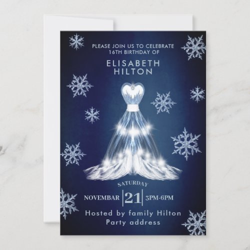 Winter wonderland snowflakes dress sweet sixteen  invitation