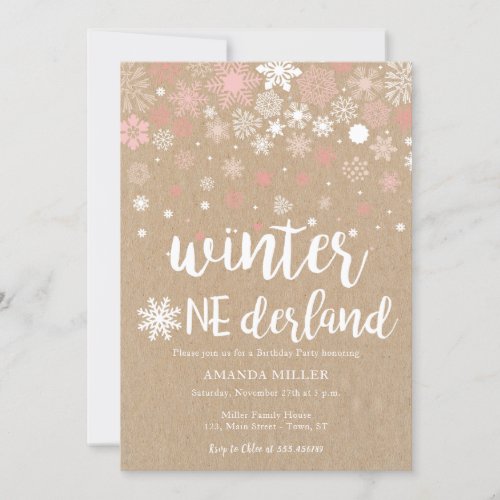 Winter wonderland snowflakes girl 1st birthday invitation