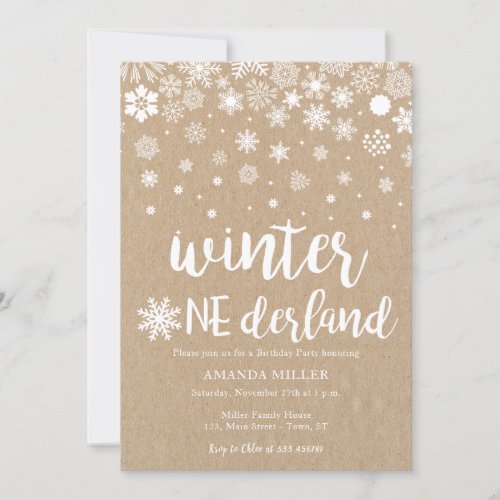 Winter wonderland snowflakes neutral 1st birthday invitation