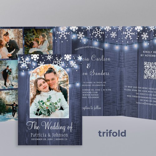 Winter wonderland snowflakes photo QR RSVP wedding Tri_Fold Invitation