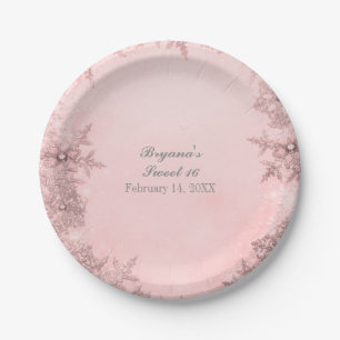 Winter Wonderland Snowflakes Pink Elegant Party Paper Plates