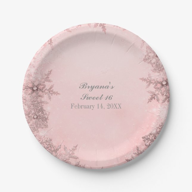 Winter Wonderland Snowflakes Pink Elegant Party Paper Plates (Front)