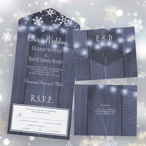 Winter wonderland snowflakes rustic wedding RSVP All In One Invitation