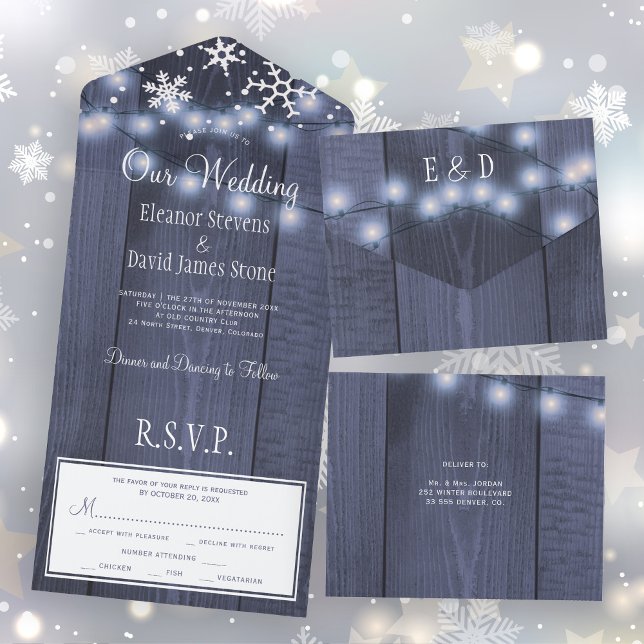 Winter wonderland snowflakes rustic wedding RSVP All In One Invitation (Creator Uploaded)