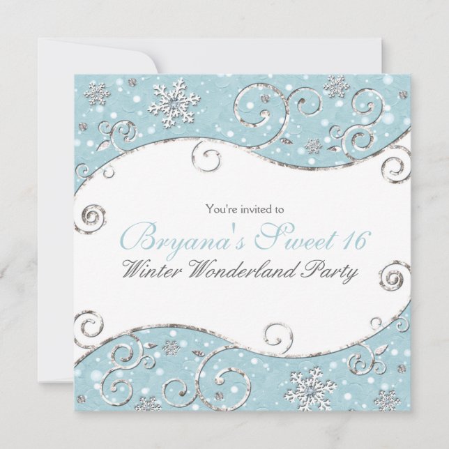 Winter Wonderland Snowflakes Silver Swirl Invite (Front)