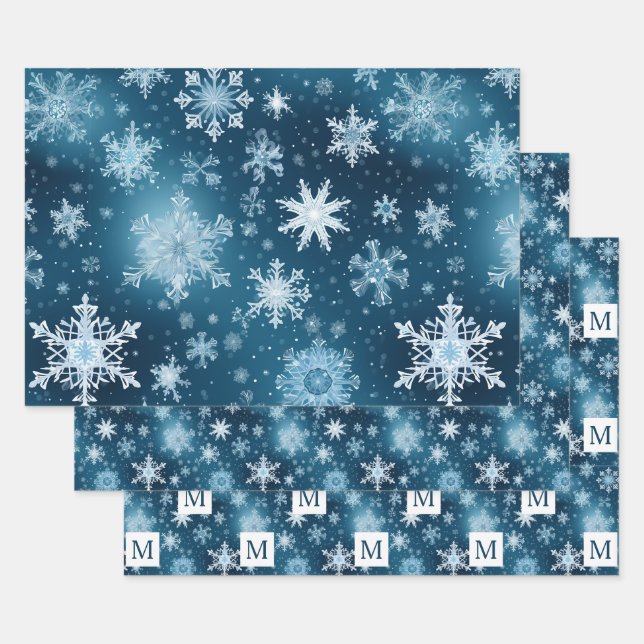 Winter Wonderland Snowflakes Snowfall Blue White Wrapping Paper Sheets (Set)