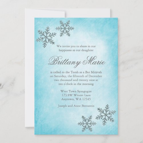 Winter Wonderland Snowflakes Teal Bat Mitzvah Custom Invites