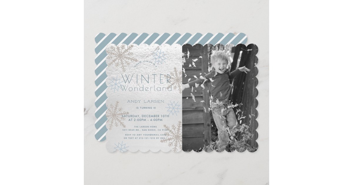 Winter Wonderland Snowflakke Blue Photo Birthday Invitation | Zazzle