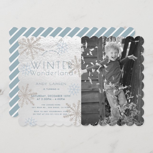 Winter Wonderland Snowflakke Blue Photo Birthday Invitation (Front/Back)