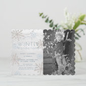 Winter Wonderland Snowflakke Blue Photo Birthday Invitation (Standing Front)