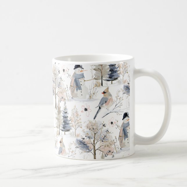 Winter Wonderland Snowman and Bird Pattern Coffee Mug (Right)