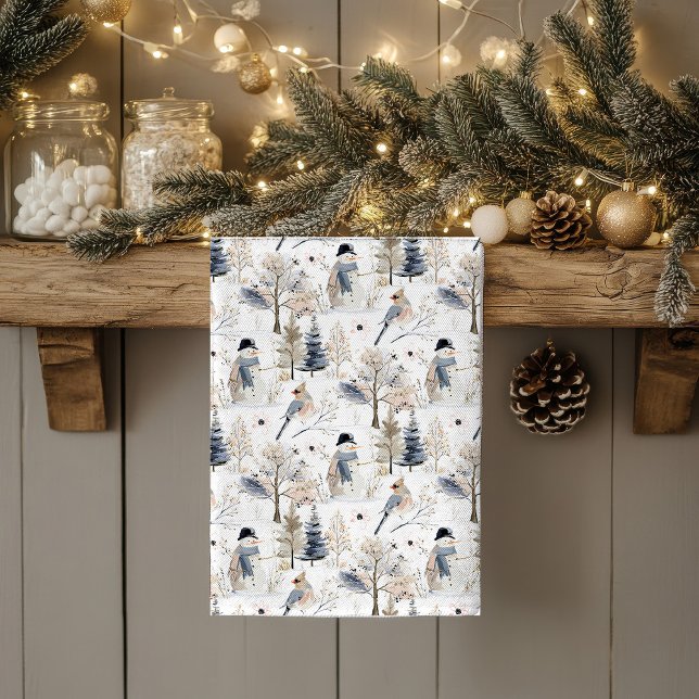 Winter Wonderland Snowman and Bird Pattern Kitchen Towel (Creator Uploaded)