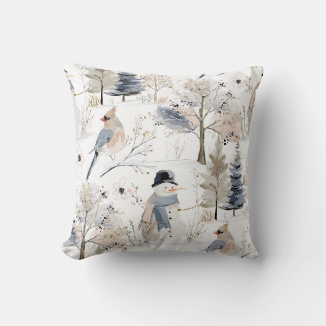 Winter Wonderland Snowman and Bird Pattern Throw Pillow (Front)