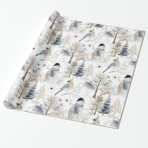 Winter Wonderland Snowman and Bird Pattern Wrapping Paper