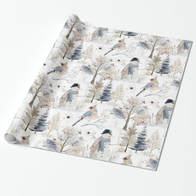 Winter Wonderland Snowman and Bird Pattern Wrapping Paper