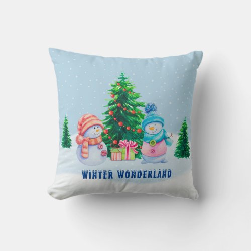 Winter Wonderland Snowman Couple Throw Pillow