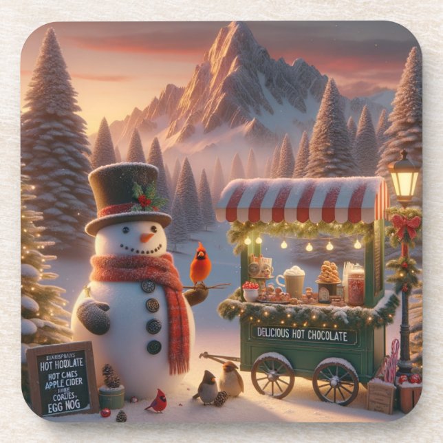Winter Wonderland Snowman's Hot Chocolate Cart Beverage Coaster (Front)