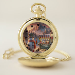 Winter Wonderland Snowman's Hot Chocolate Cart Pocket Watch