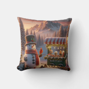 Winter Wonderland Snowman's Hot Chocolate Cart Throw Pillow