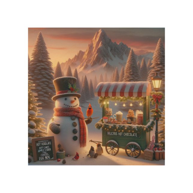 Winter Wonderland Snowman's Hot Chocolate Cart Wood Wall Art (Front)