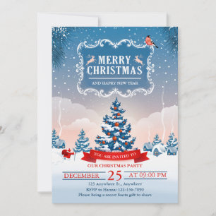 Winter Wonderland Snowy Village Merry Christmas Invitation