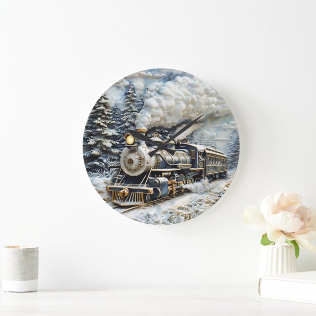 Winter wonderland steam train. large clock (Home)