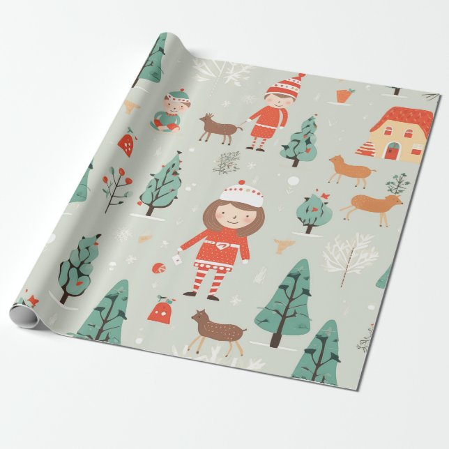 Winter Wonderland Storybook Scene Wrapping Paper (Unrolled)