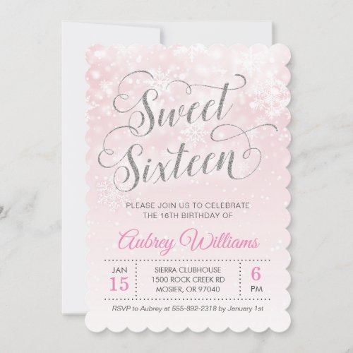 Winter Wonderland Sweet Sixteen Pink Girl Birthday Invitation
