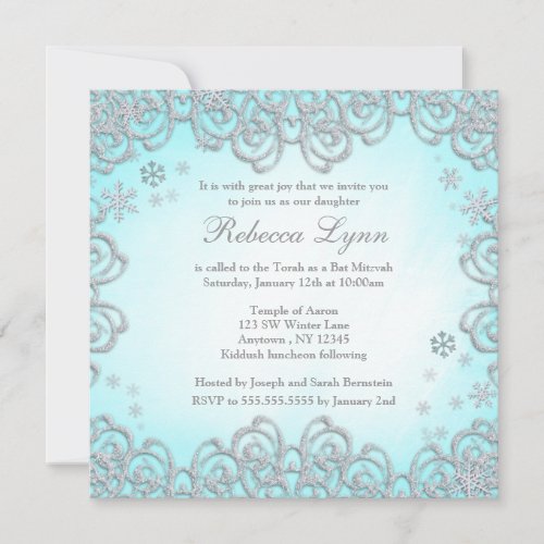Winter Wonderland Swirl Snowflakes Bat Mitzvah Personalized Announcement