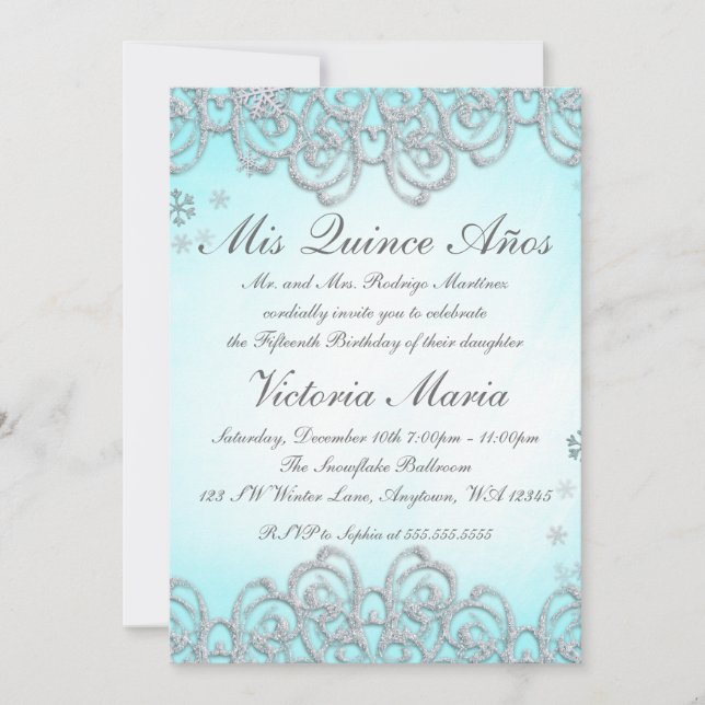 Winter Wonderland Swirl Snowflakes Quinceanera Invitation (Front)