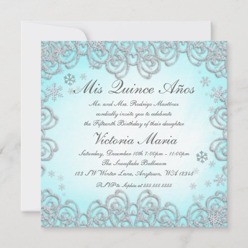 Winter Wonderland Swirl Snowflakes Quinceanera Custom Invites