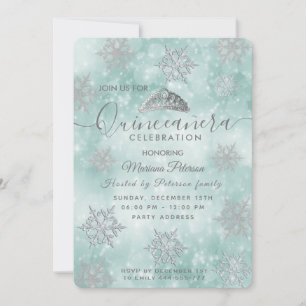 Winter wonderland teal bokeh tiara Quinceañera Invitation