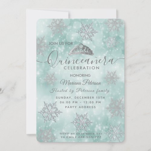 Winter wonderland teal bokeh tiara Quinceaera Invitation